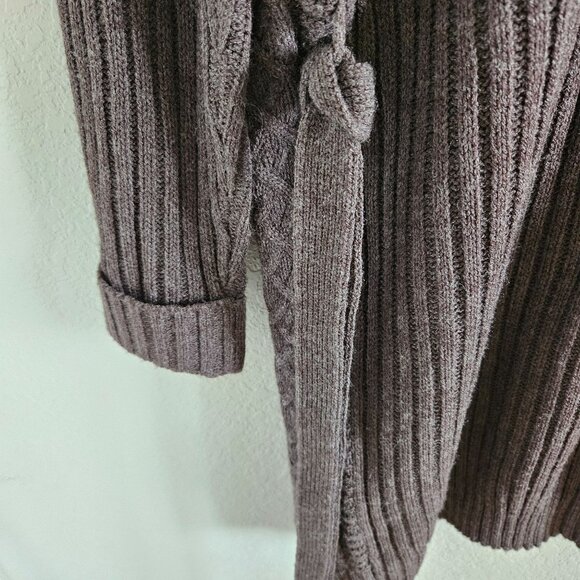 Karen Scott Woman Size M Brown Knee Length Button Up Cable Knit Cardigan Belted - Picture 6 of 9